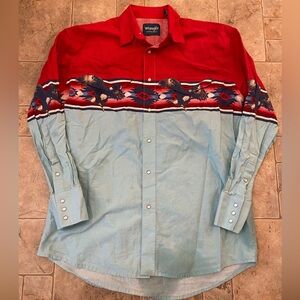 VTG Wrangler Pearlsnap Shirt Mens L Colorful Loud Western America Eagle Aztec